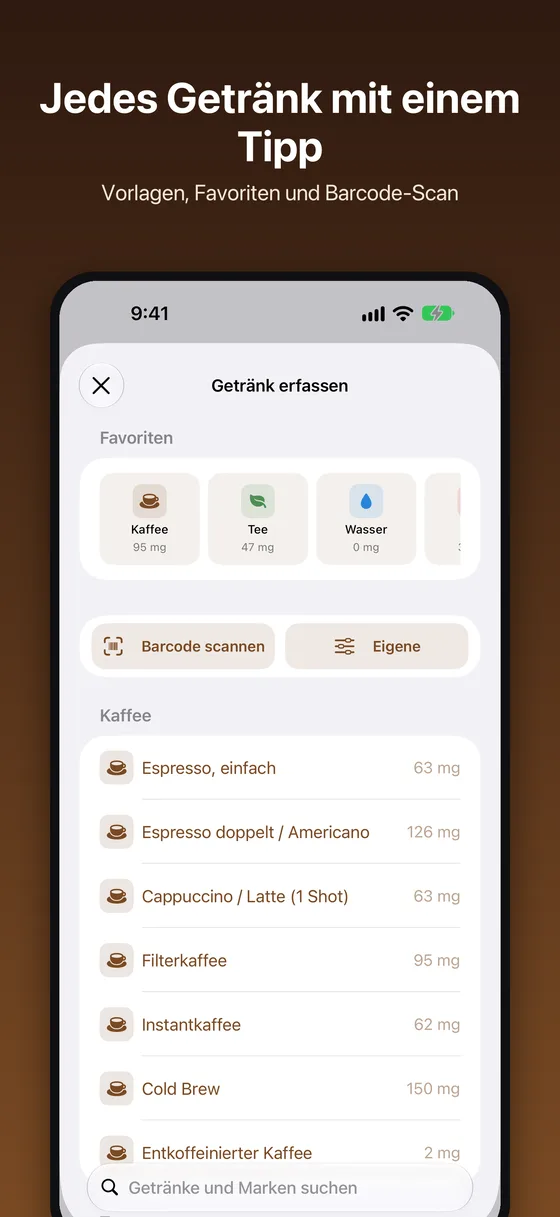 Getränk erfassen: über 20 Getränke, Favoriten und ein Barcode-Scanner